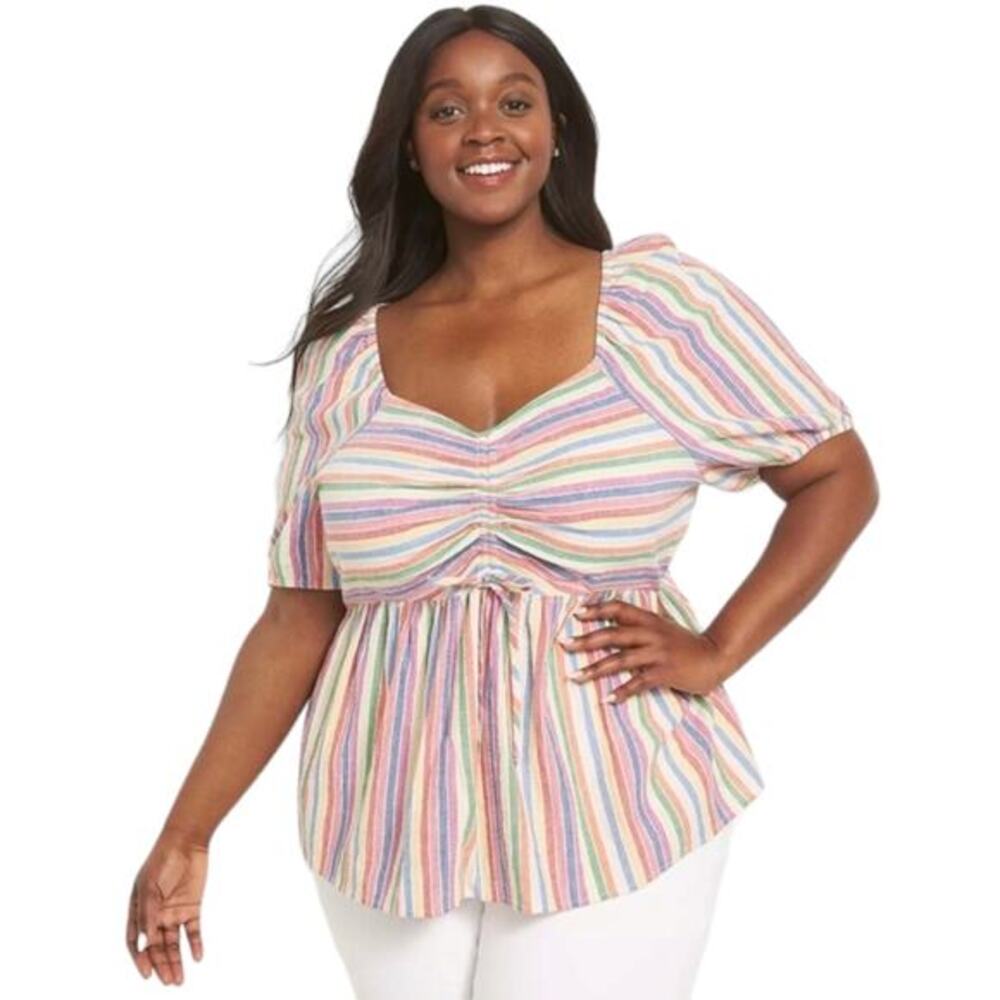 Lane Bryant Rainbow Stripe Peplum Top Short Puff Sleeve Ruched Sweetheart 14/16‎